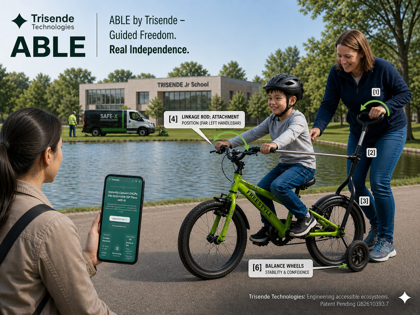 AABLE V1 — external adaptive steering attachment on a standard children's bike, shown within the Trisende ecosystem