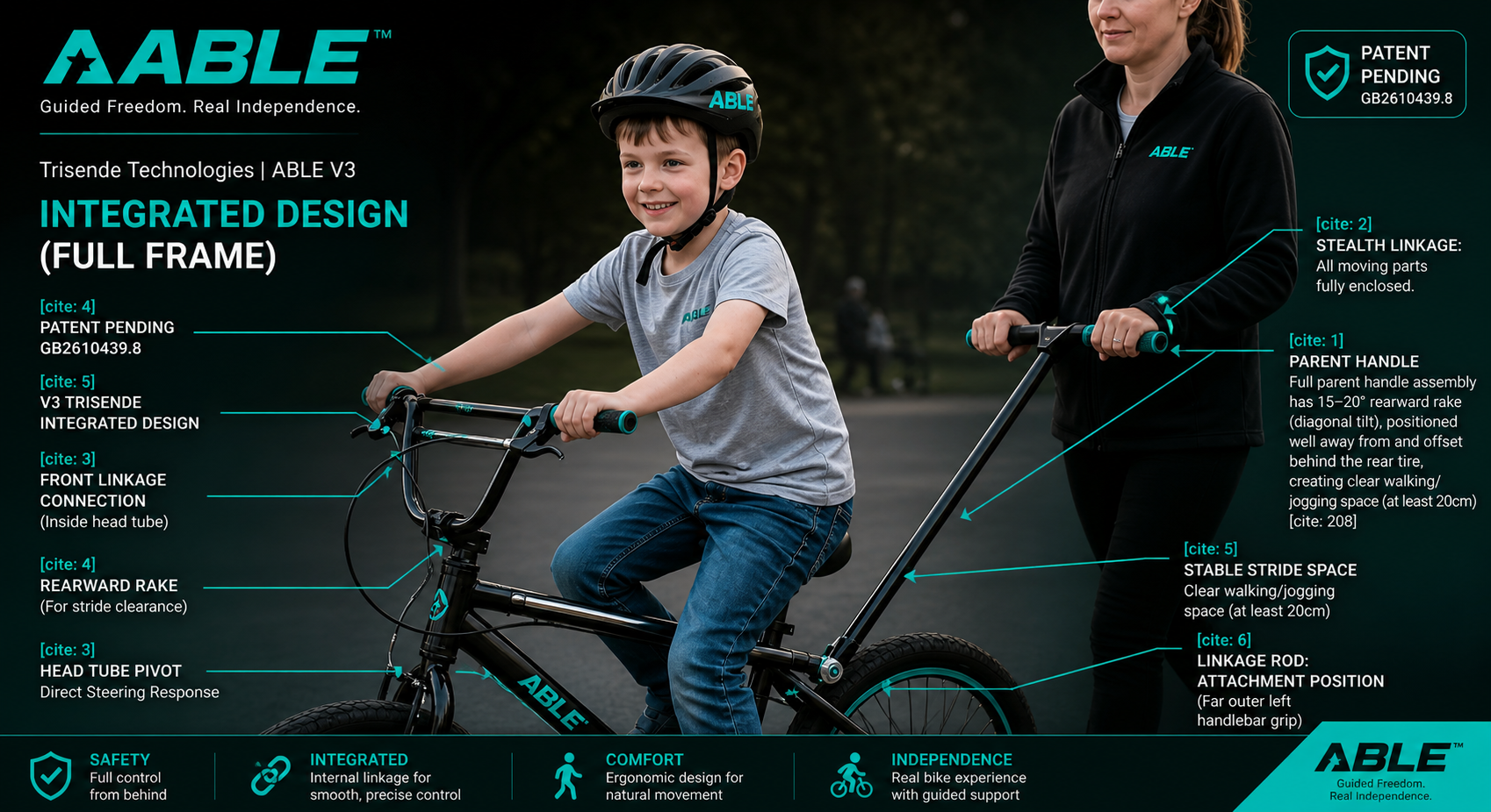 AABLE V3 in action — child rides confidently while parent guides steering from behind