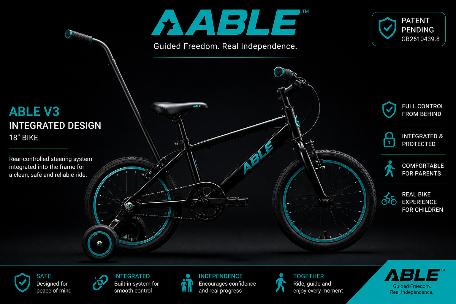 AABLE V3 Integrated Design — 18-inch bike with rear-controlled steering built into the frame