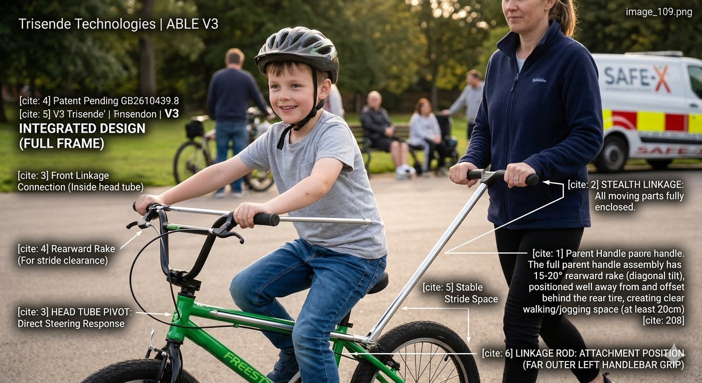 AABLE steering system annotated — showing front linkage connection, stealth linkage, parent handle, head tube pivot, and stable stride space