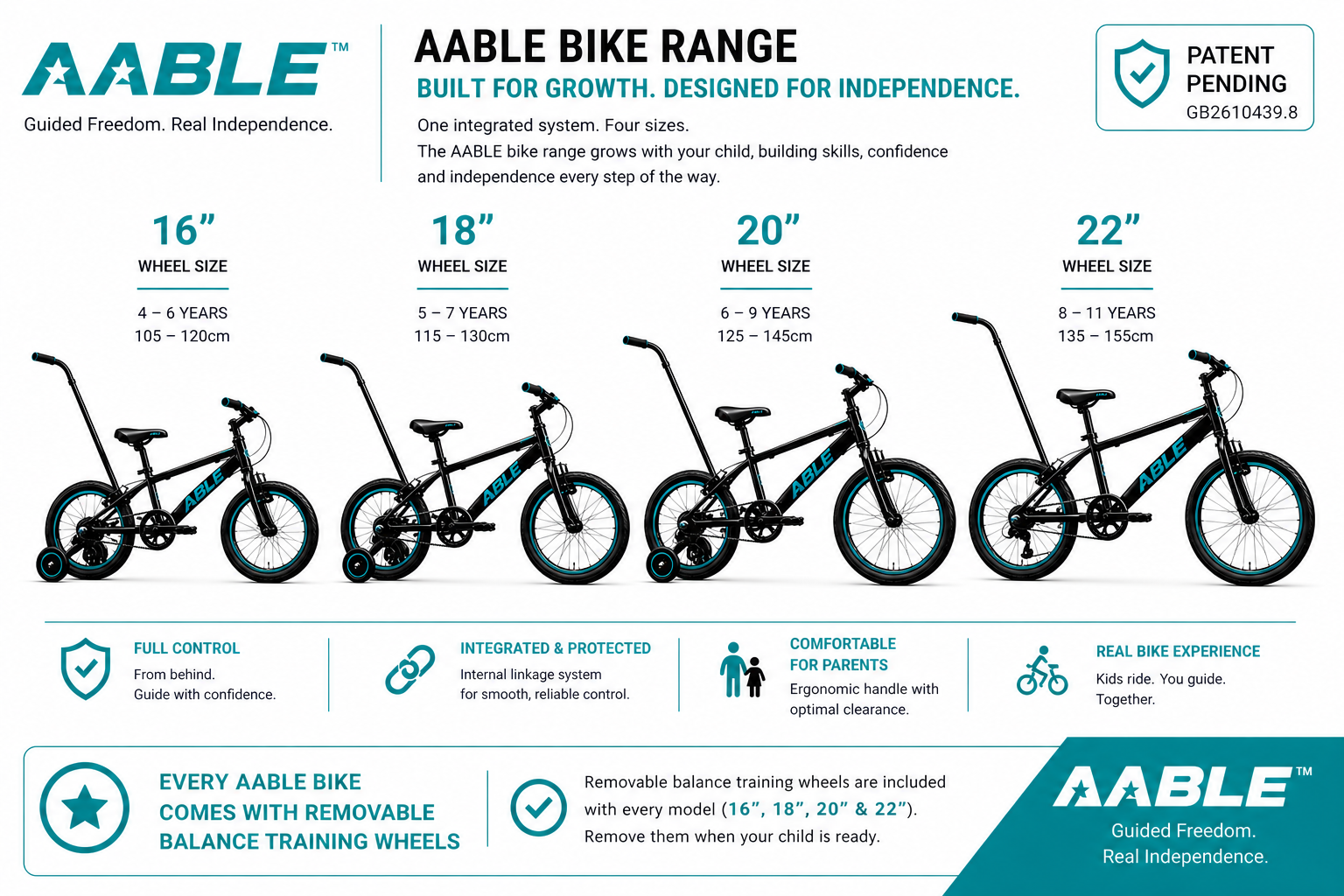 AABLE Bike Range — 16-inch, 18-inch, 20-inch, and 22-inch models for ages 4 to 11