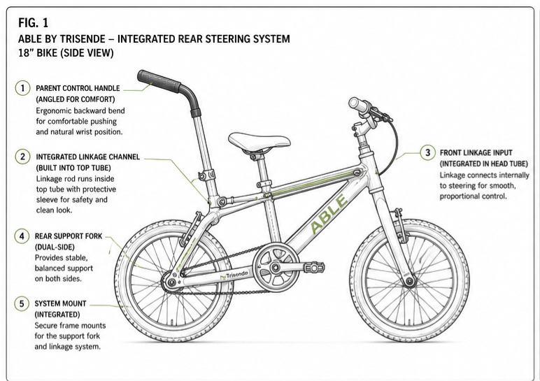 AABLE V3 technical patent drawing — integrated rear steering system, 18-inch bike side view
